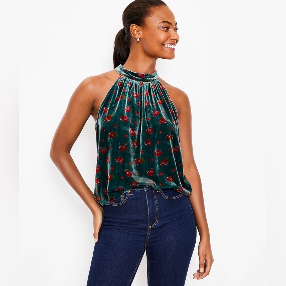 Loft Floral Velvet Shirred Halter Top Green Red Size Small New